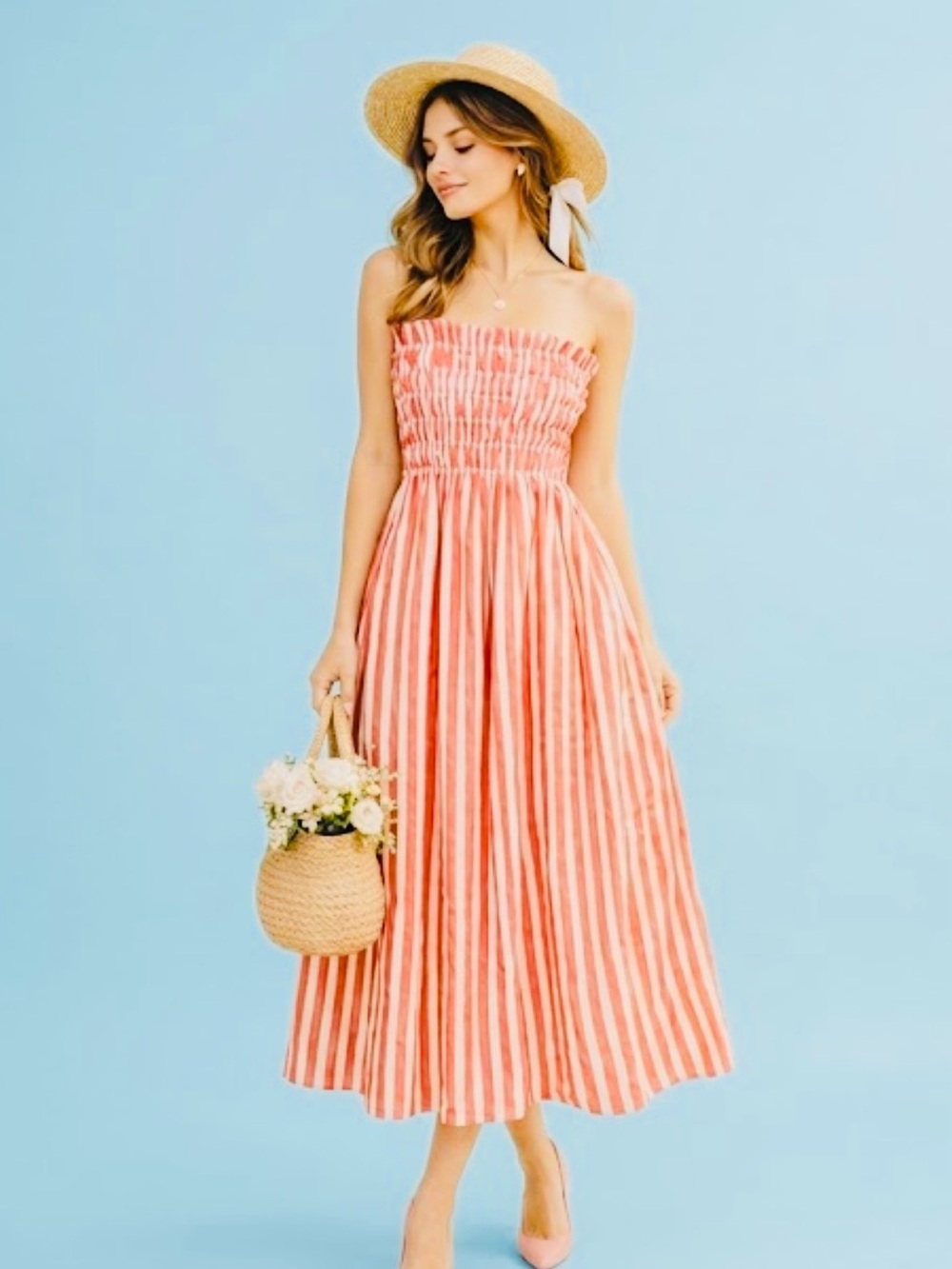 NWT. Boho Coral & White Striped Midi Dress. Size XXL.